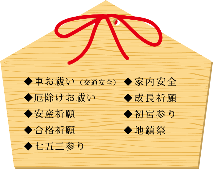 車お祓い（交通安全）、家内安全、厄除けお祓い、成長祈願、安産祈願、初宮参り、合格祈願、地鎮祭、七五三参り